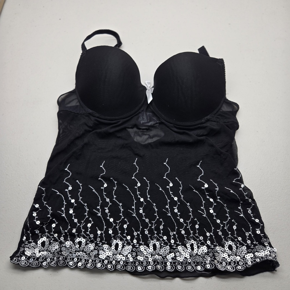 Frederick's Of Hollywood Women Bra 34 Black Babydoll Underwired Bow Sequin Lace